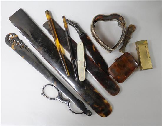 A collection of small silver items, etc. including a desk seal, a cigarette holder, a trinket box frame, etc.